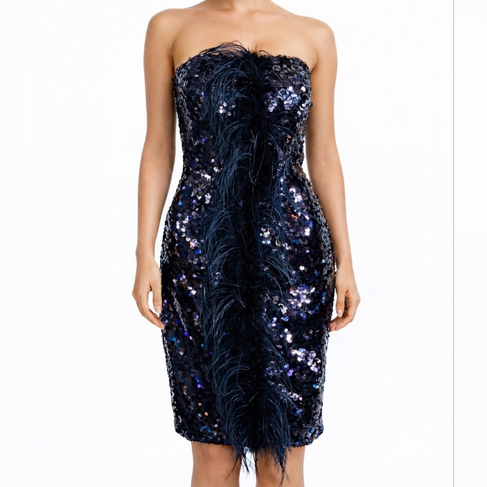 Milano Formals Black Sequin Strapless Cocktail Dress With Feather Trim